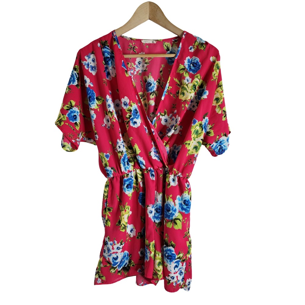 Soprano Pink Floral Surplice Romper Small V-Neck Short Sleeve Tropical Punch